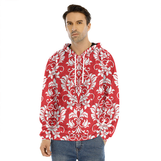 Red And White Damask Pattern Print Men's Velvet Pullover Hoodie