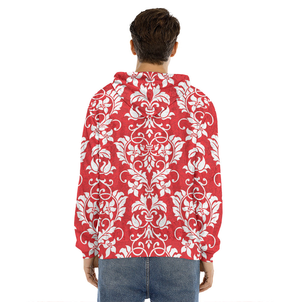 Red And White Damask Pattern Print Men's Velvet Pullover Hoodie