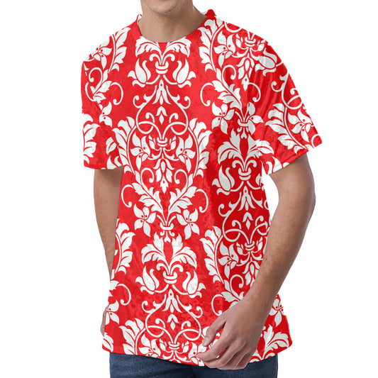 Red And White Damask Pattern Print Men's Velvet T-Shirt