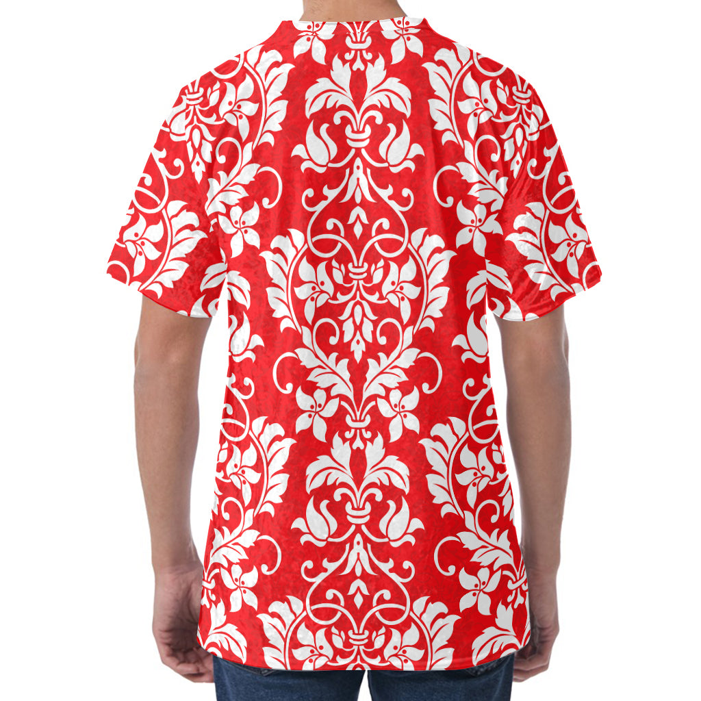 Red And White Damask Pattern Print Men's Velvet T-Shirt