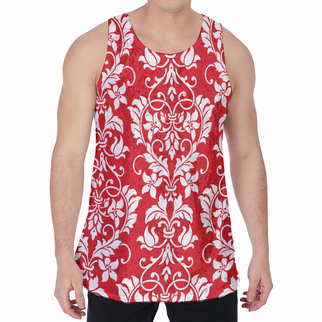 Red And White Damask Pattern Print Men's Velvet Tank Top