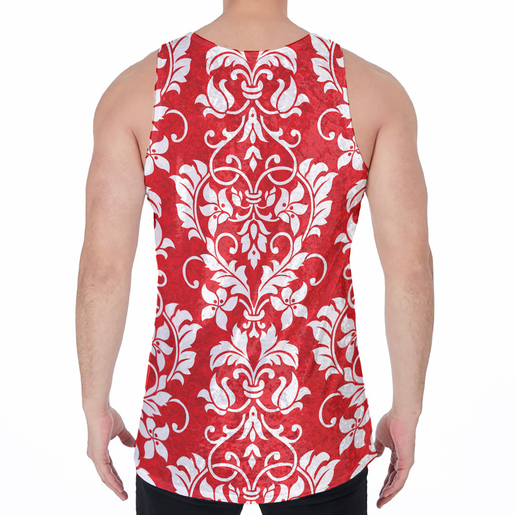 Red And White Damask Pattern Print Men's Velvet Tank Top