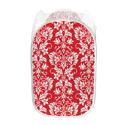 Red And White Damask Pattern Print Mesh Laundry Hamper