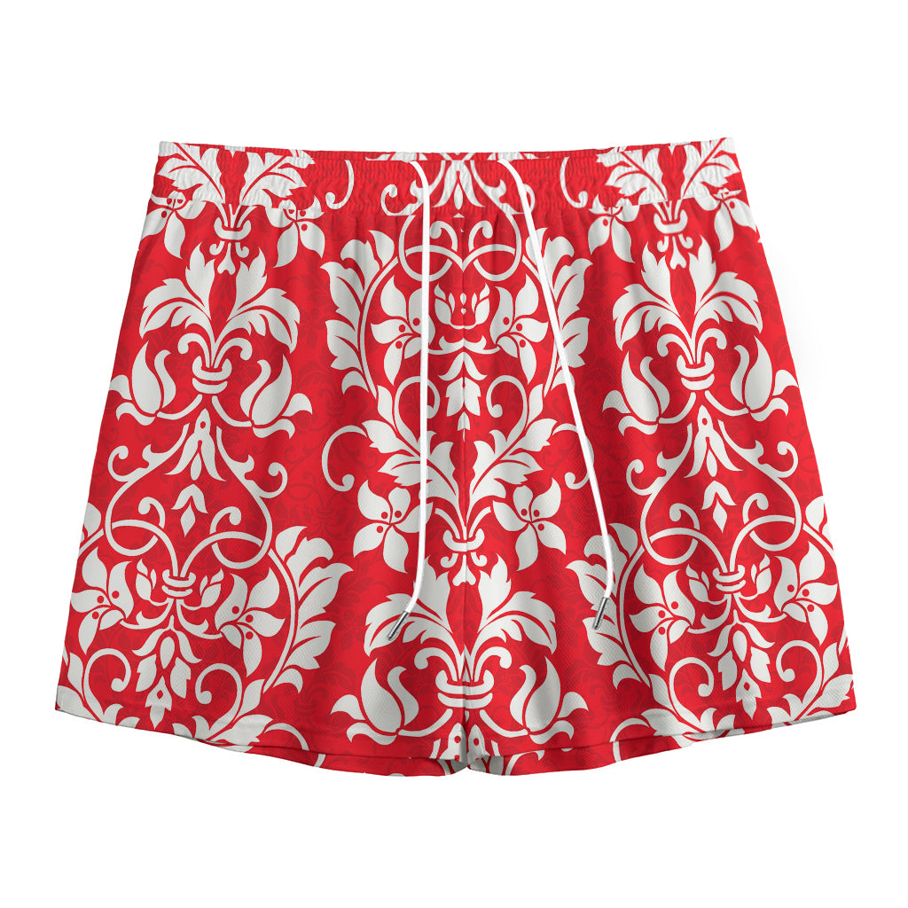 Red And White Damask Pattern Print Mesh Shorts