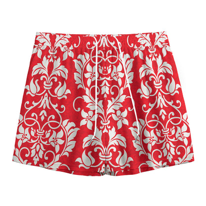 Red And White Damask Pattern Print Mesh Shorts