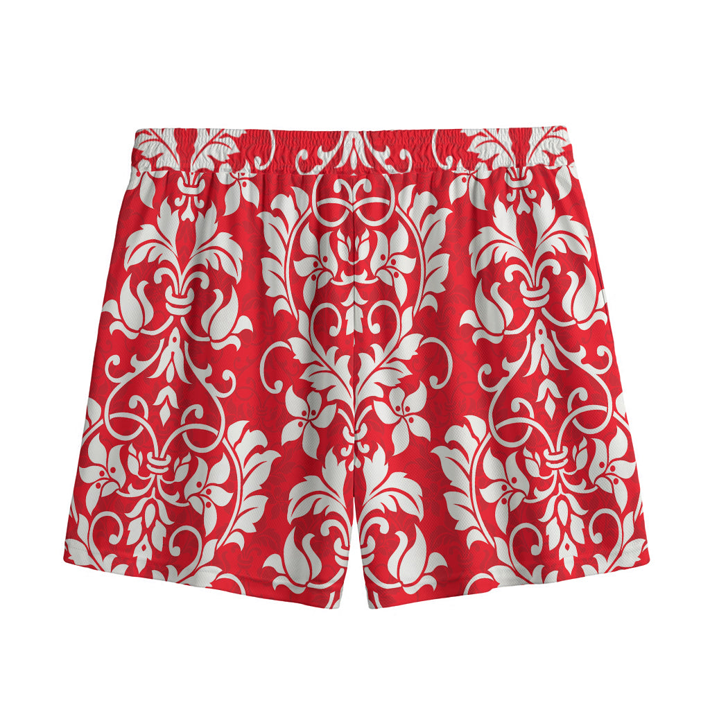 Red And White Damask Pattern Print Mesh Shorts
