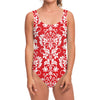 Red And White Damask Pattern Print One Piece Swimsuit