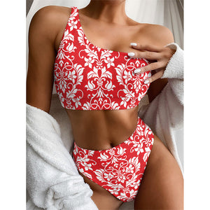 Red And White Damask Pattern Print One Shoulder Bikini Top