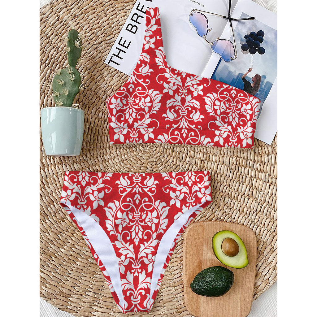 Red And White Damask Pattern Print One Shoulder Bikini Top