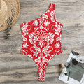 Red And White Damask Pattern Print One Shoulder Bodysuit