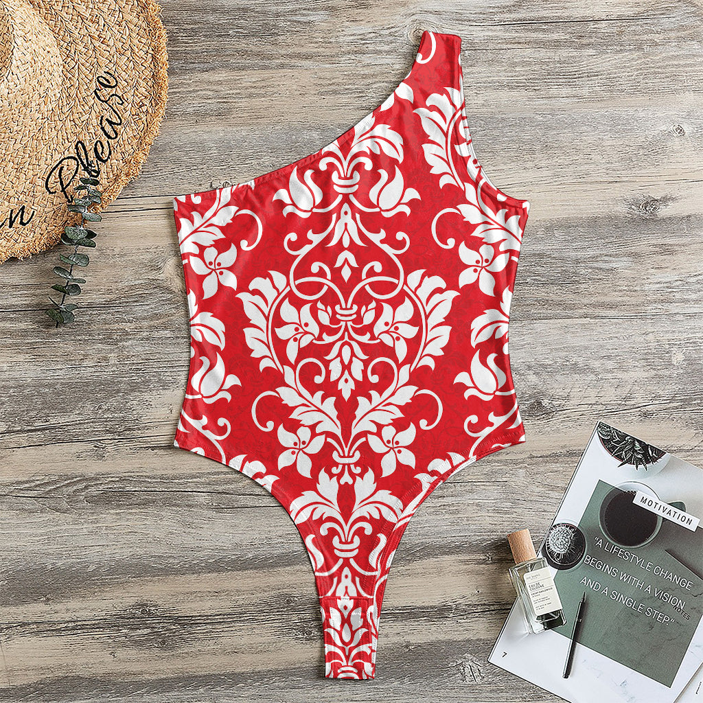 Red And White Damask Pattern Print One Shoulder Bodysuit