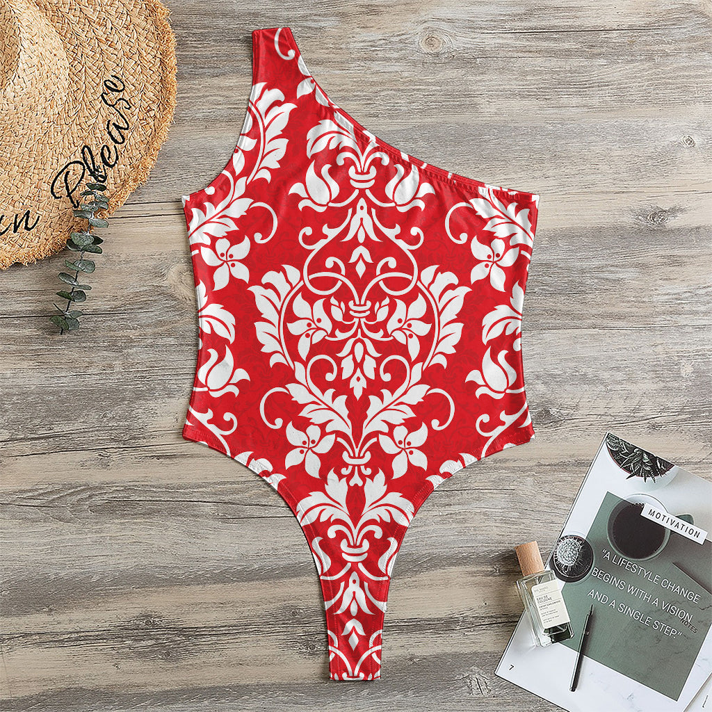 Red And White Damask Pattern Print One Shoulder Bodysuit