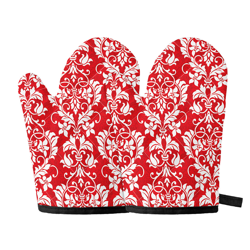Red And White Damask Pattern Print Oven Mitts