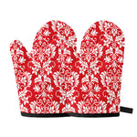 Red And White Damask Pattern Print Oven Mitts