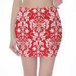 Red And White Damask Pattern Print Pencil Mini Skirt