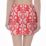 Red And White Damask Pattern Print Pencil Mini Skirt