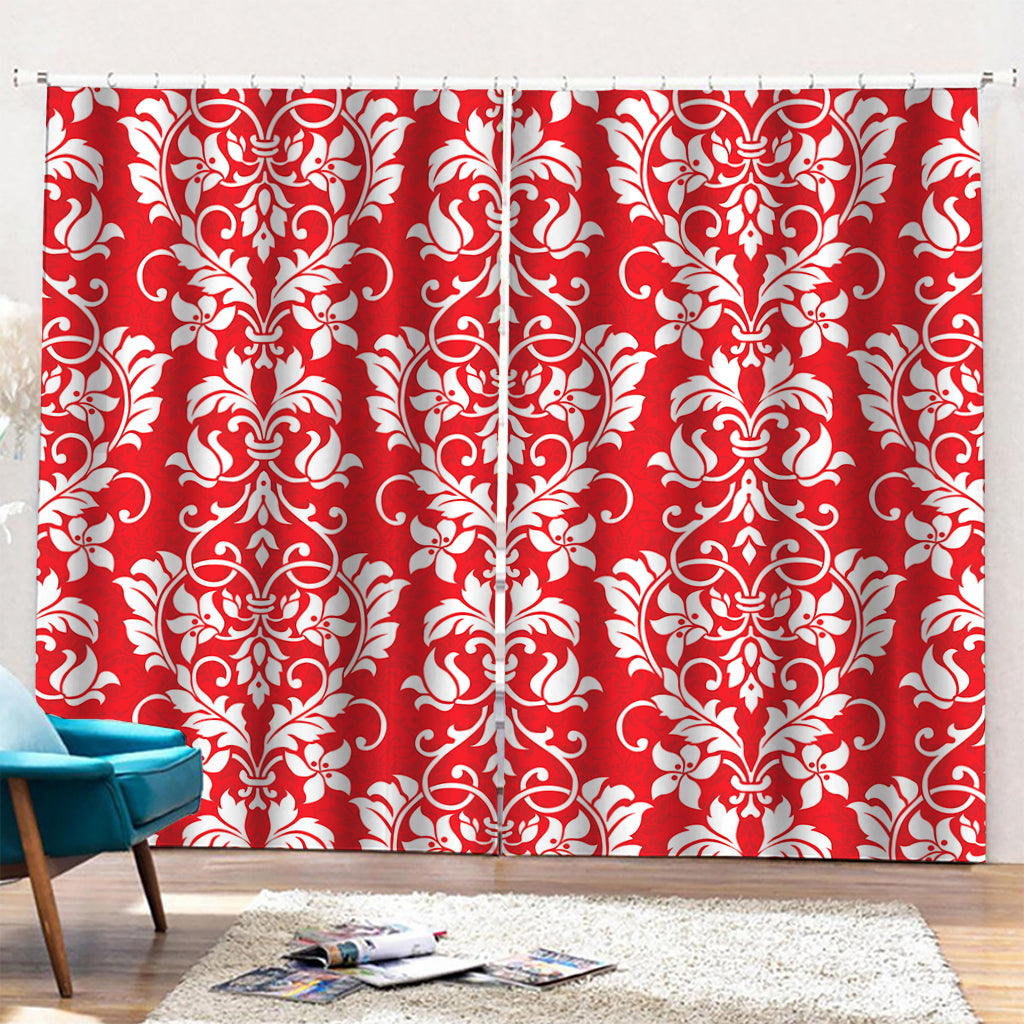 Red And White Damask Pattern Print Pencil Pleat Curtains