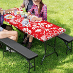 Red And White Damask Pattern Print Picnic Table Cover