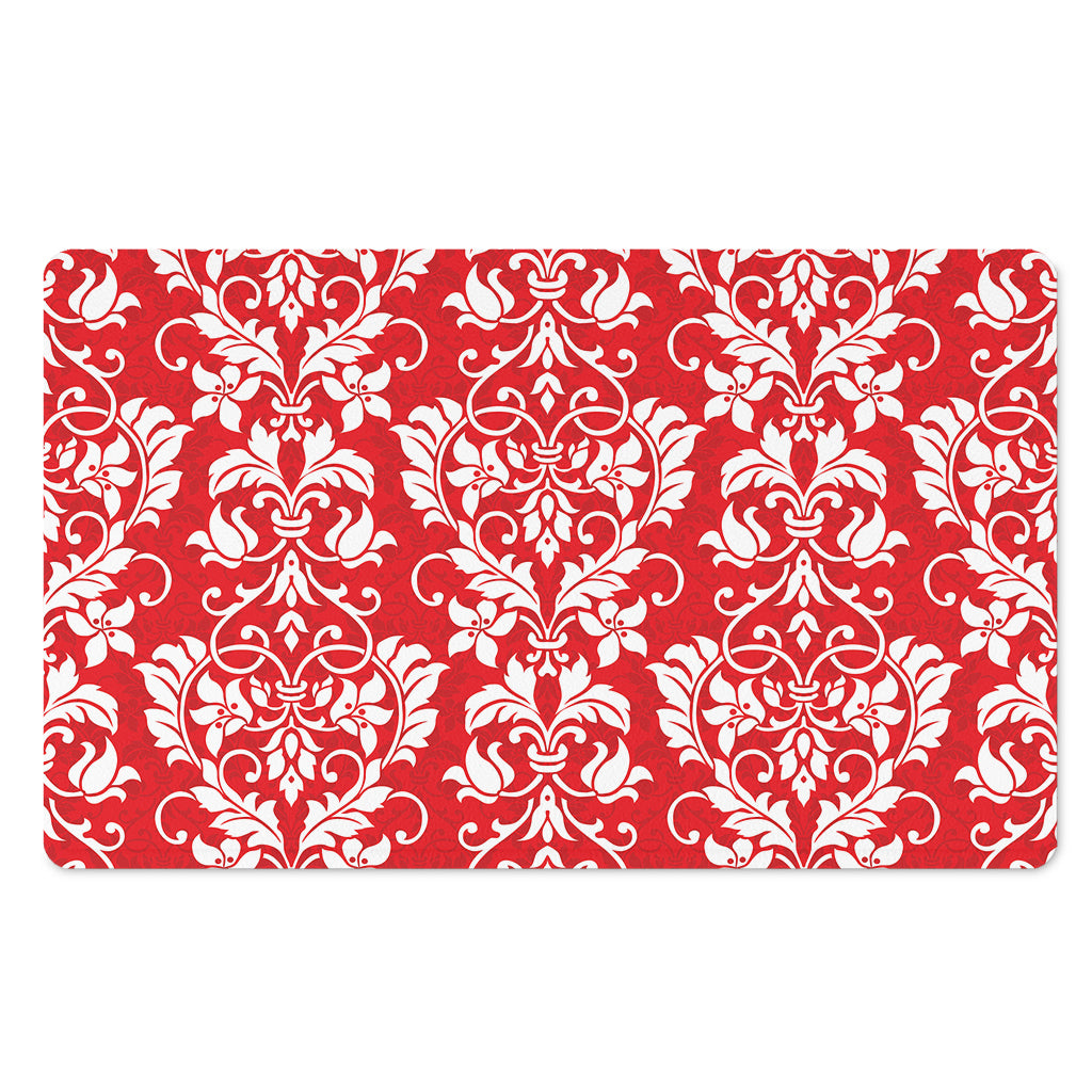 Red And White Damask Pattern Print Polyester Doormat