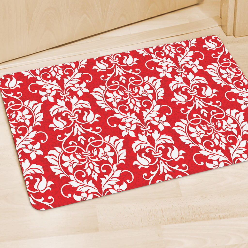 Red And White Damask Pattern Print Polyester Doormat