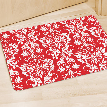 Red And White Damask Pattern Print Polyester Doormat