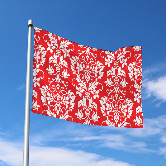 Red And White Damask Pattern Print Polyester Flag