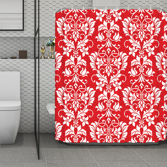 Red And White Damask Pattern Print Polyester Shower Curtain