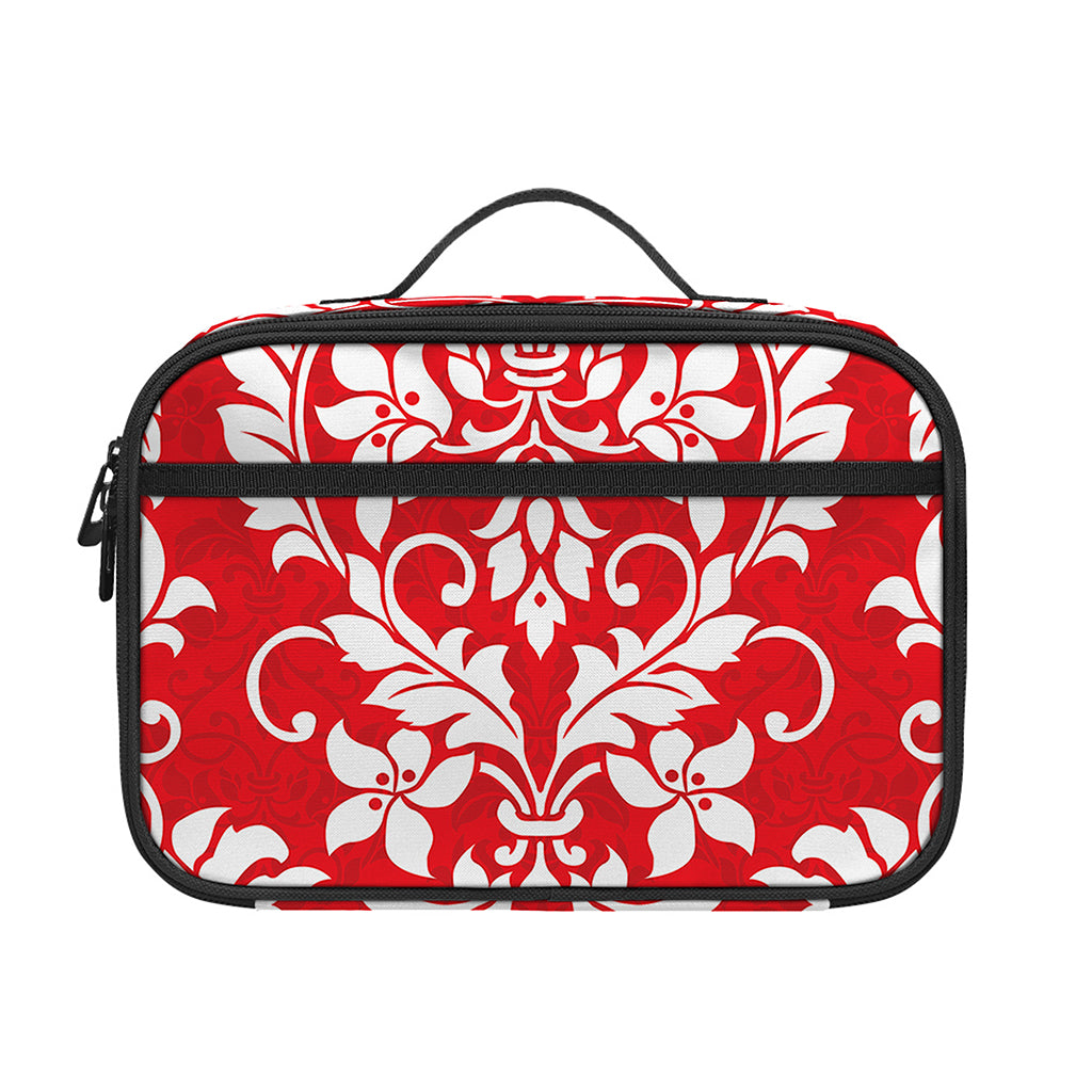 Red And White Damask Pattern Print Portable Lunch Bag