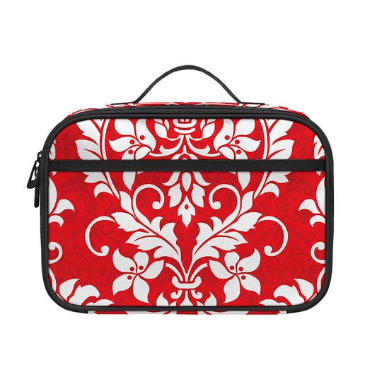 Red And White Damask Pattern Print Portable Lunch Bag