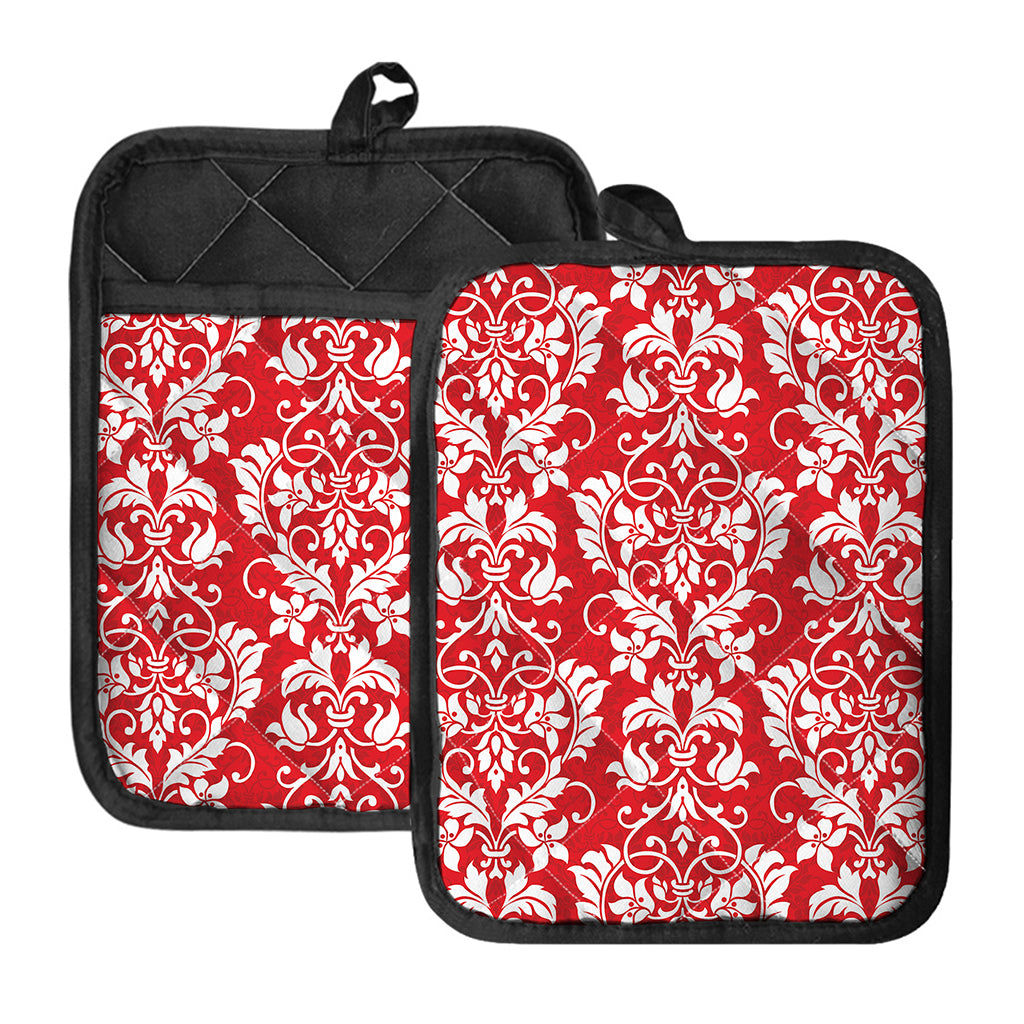 Red And White Damask Pattern Print Pot Holders With Pocket