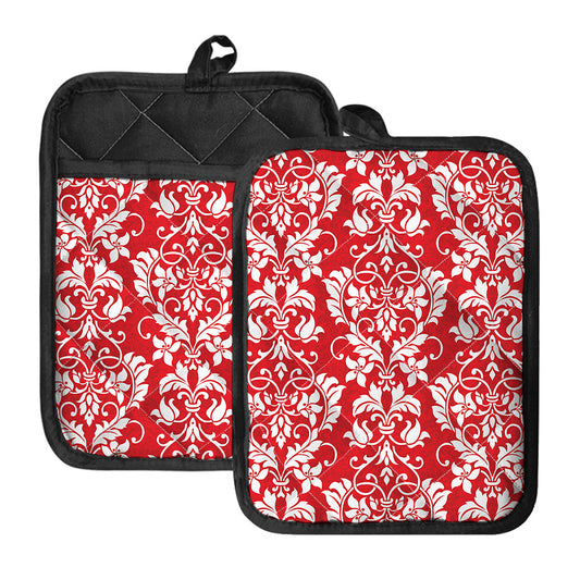 Red And White Damask Pattern Print Pot Holders With Pocket