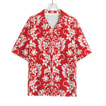 Red And White Damask Pattern Print Rayon Hawaiian Shirt