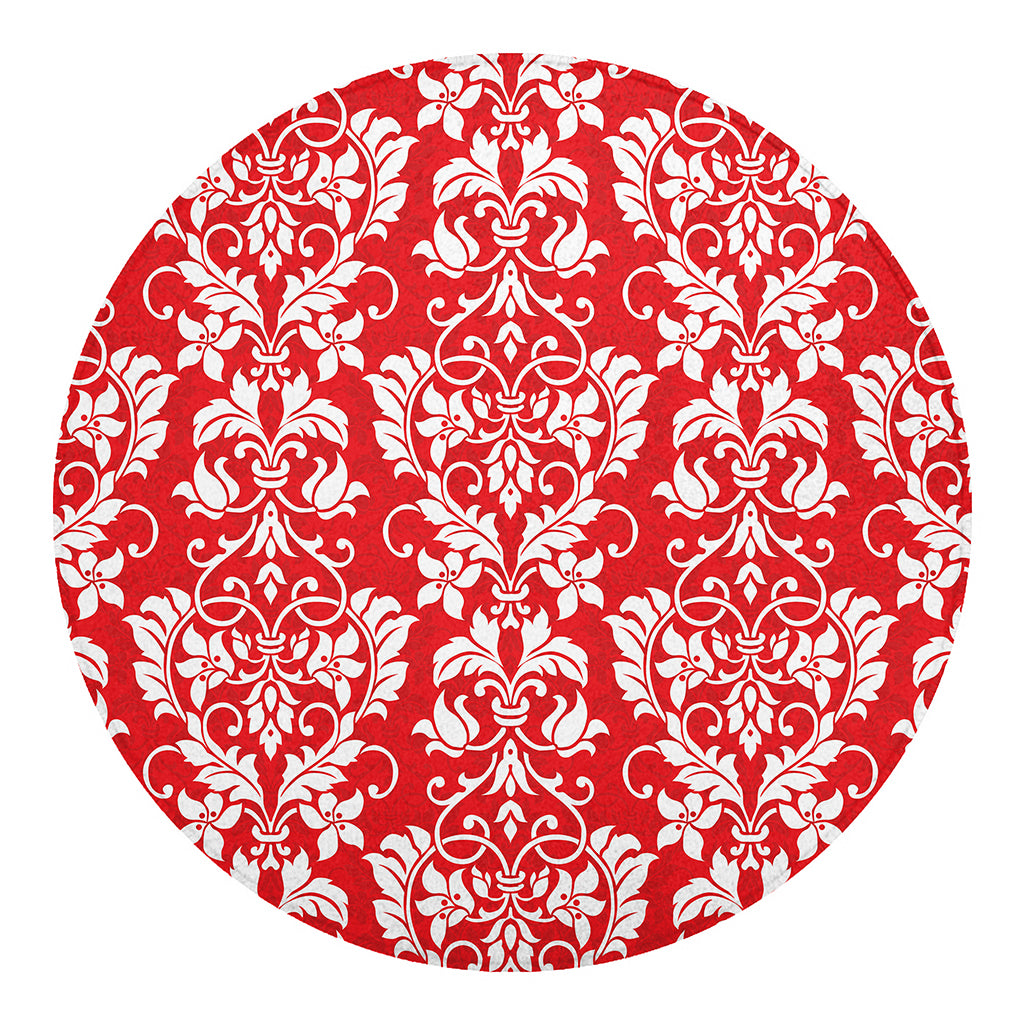 Red And White Damask Pattern Print Round Blanket