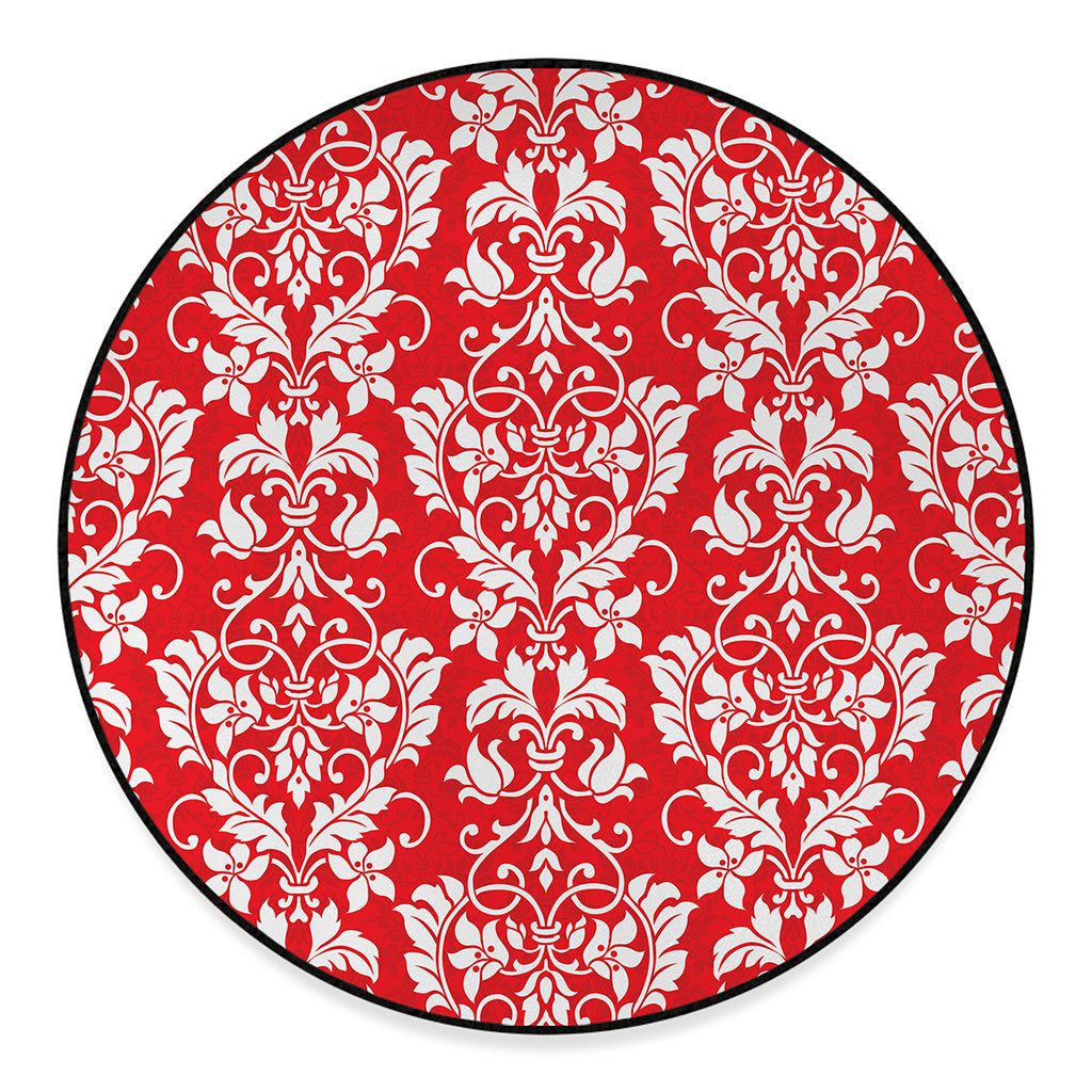 Red And White Damask Pattern Print Round Floor Mat