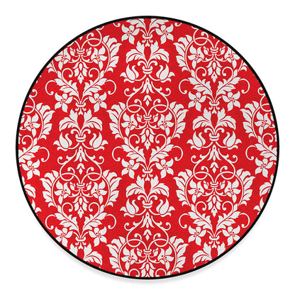 Red And White Damask Pattern Print Round Floor Mat