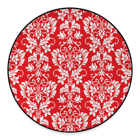 Red And White Damask Pattern Print Round Floor Mat