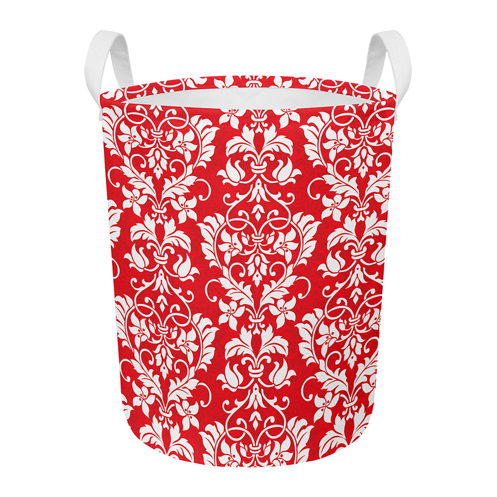 Red And White Damask Pattern Print Round Laundry Basket