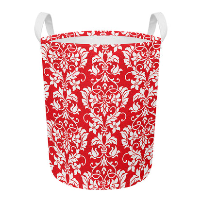 Red And White Damask Pattern Print Round Laundry Basket