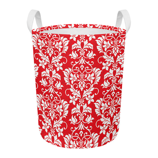 Red And White Damask Pattern Print Round Laundry Basket