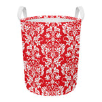 Red And White Damask Pattern Print Round Laundry Basket