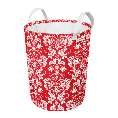Red And White Damask Pattern Print Round Laundry Basket