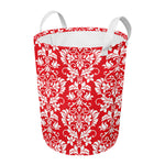 Red And White Damask Pattern Print Round Laundry Basket