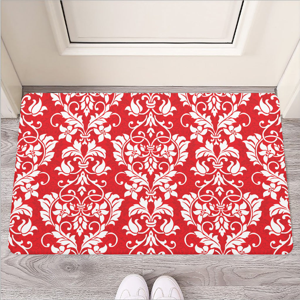 Red And White Damask Pattern Print Rubber Doormat