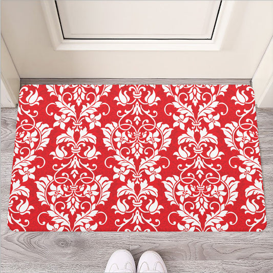 Red And White Damask Pattern Print Rubber Doormat