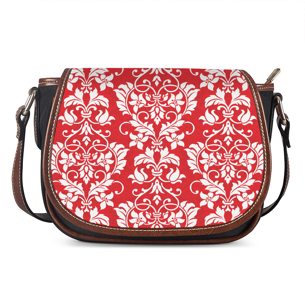 Red And White Damask Pattern Print Saddle Bag