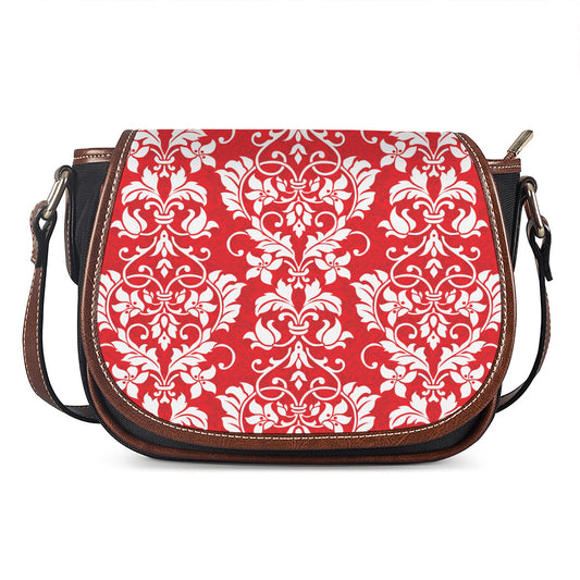 Red And White Damask Pattern Print Saddle Bag