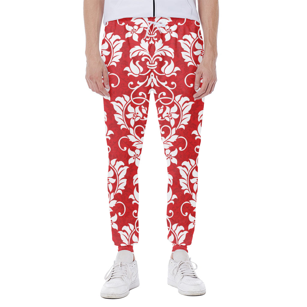 Red And White Damask Pattern Print Scuba Joggers