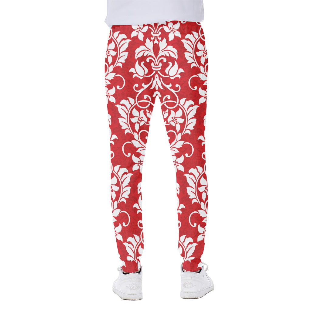 Red And White Damask Pattern Print Scuba Joggers