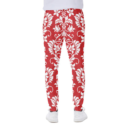 Red And White Damask Pattern Print Scuba Joggers