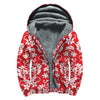 Red And White Damask Pattern Print Sherpa Lined Zip Up Hoodie